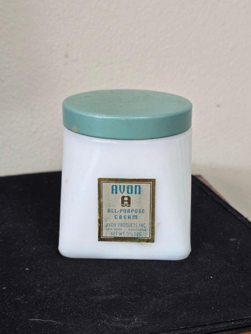 Vintage Avon All-Purpose Cream Jar 3.5 Oz White Milk Glass Aqua Lid